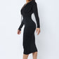 Long Sleeve Midi Dress With Low V Neck Front And Back With Ruching On Sides And Chest