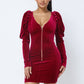 Soft Velvet Pleated Puff Sleeve Low V Neck Front And Back Mini Dress