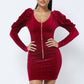 Soft Velvet Pleated Puff Sleeve Low V Neck Front And Back Mini Dress