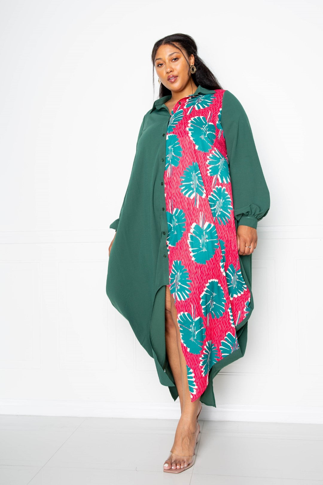 Print Drapy Shirt Maxi Dress