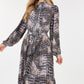 Long Sleeve Pleated Snake Skin Print Midi Dress