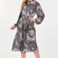 Long Sleeve Pleated Snake Skin Print Midi Dress