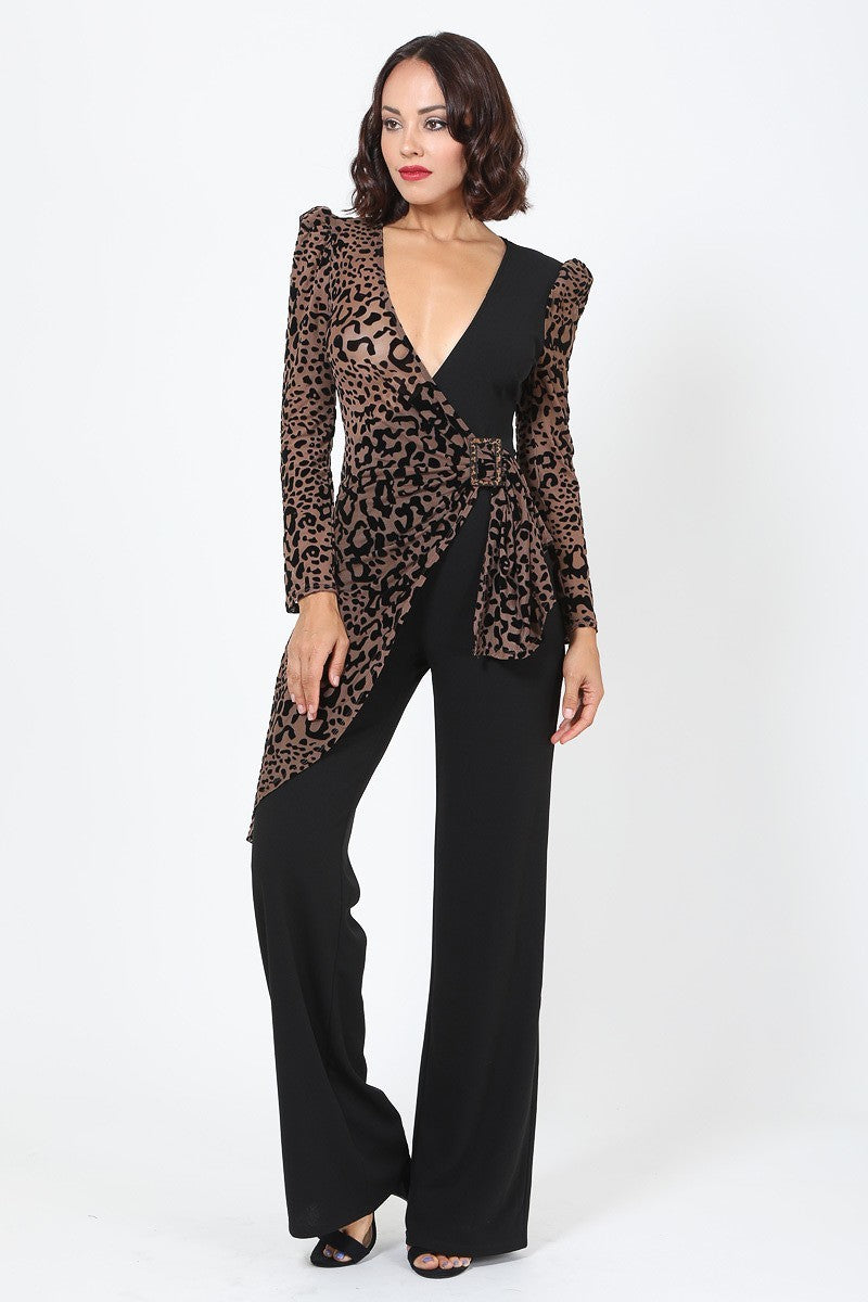 Plunging V Buckle Detail Leopard Jumpsuit