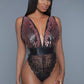 1 Pc. Cut-out Lace Bottoms With Raspberry-pink Sequins Plunging Sheer Neckline