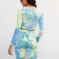 Multicolor Tie-dye Velvet Cropped Long Sleeve Top & Bike Shorts Set