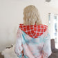 Feather & Tie-dye Print Contrast Plaid Hood Sweater