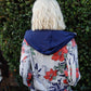 Navy Rust Flower Print Zip-up Contrast Striped Hood Sweater