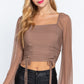 Long Slv Ruched Mesh Knit Top