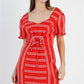 Red Stripe Lace Up Front Detail Ruffle Trim Balloon Sleeve Dress