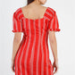 Red Stripe Lace Up Front Detail Ruffle Trim Balloon Sleeve Dress