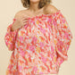 Sheer Floral Print Metallic Threading Long Sleeve Off Shoulder Top With High Low Hem