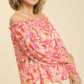 Sheer Floral Print Metallic Threading Long Sleeve Off Shoulder Top With High Low Hem