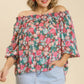 Sheer Floral Print Metallic Threading Long Sleeve Off Shoulder Top With High Low Hem