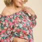 Sheer Floral Print Metallic Threading Long Sleeve Off Shoulder Top With High Low Hem