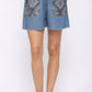 Denim And Print Pockets Elastic Waist Shorts With Raw Hem