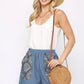 Denim And Print Pockets Elastic Waist Shorts With Raw Hem