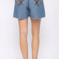 Denim And Print Pockets Elastic Waist Shorts With Raw Hem