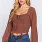 Long Sleeve Front Tied Ruched Detail Woven Top