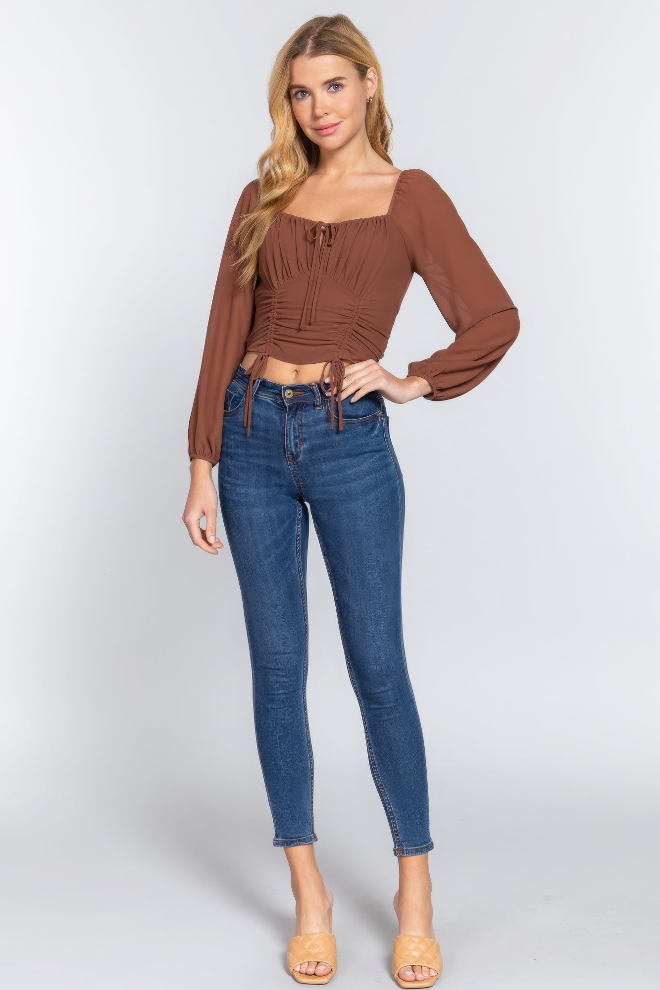 Long Sleeve Front Tied Ruched Detail Woven Top