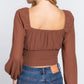 Long Sleeve Front Tied Ruched Detail Woven Top