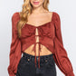 Long Sleeve Sweetheart Neck Front Ribbon Tie Detail Woven Top