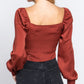 Long Sleeve Sweetheart Neck Front Ribbon Tie Detail Woven Top