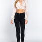 Long Sleeve Notched Collar Front Twisted Detail Crop Woven Top