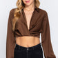 Long Sleeve Notched Collar Front Twisted Detail Crop Woven Top