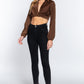 Long Sleeve Notched Collar Front Twisted Detail Crop Woven Top