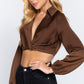 Long Sleeve Notched Collar Front Twisted Detail Crop Woven Top