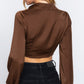 Long Sleeve Notched Collar Front Twisted Detail Crop Woven Top