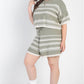 Plus Olive Striped Knit Short Sleeve Crop Top High Waist Shorts Set