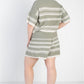 Plus Olive Striped Knit Short Sleeve Crop Top High Waist Shorts Set