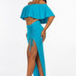 Solid Ity Off The Shoulder Ruffled Cropped Top And Ruched Maxi Skirt Two Piece Set