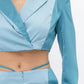 Colorblock Crop Blazer With Matching Low Rise Wide Leg Pant Set With Pockets