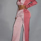 Colorblock Crop Blazer With Matching Low Rise Wide Leg Pant Set With Pockets