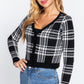 Long Sleeve V-neck Fitted Button Down Plaid Sweater Cardigan