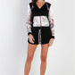 Black & Multi Color Print Colorblock Zip-up Hooded Top & Short Set