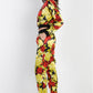 Black & Satin Effect Red & Lime Floral Print V-neck Top & Pants Set