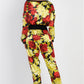 Black & Satin Effect Red & Lime Floral Print V-neck Top & Pants Set