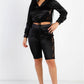 Satin Lace Details Long Sleeve Hooded Crop Top & Biker Short Set