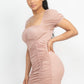 Ruched Square Neck Mesh Sleeve Dress