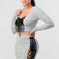 2 Piece Set With Cropped Long Sleeve Shirt With Pu Leather Detail Matching Mini Skirt