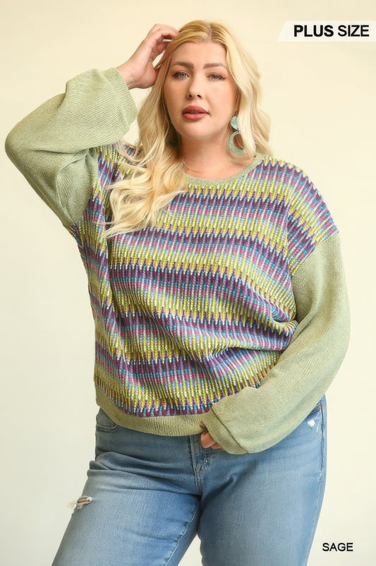 Novelty Knit And Solid Knit Mixed Loose Top With Drop Down Shoulder