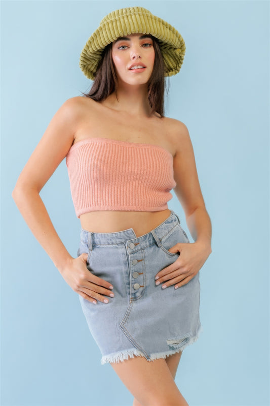 Dusty Peach Knit Strapless Crop Top