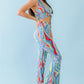 Multicolor Abstract Print Halter V-neck Ruched Open Back Crop Top & High Waist Pants Set