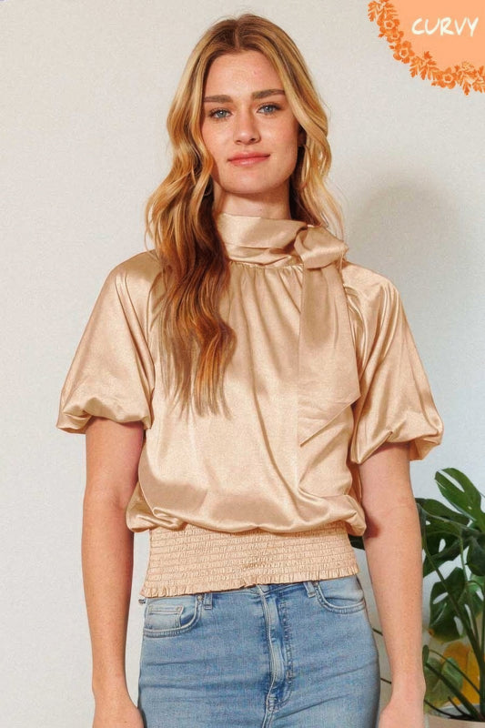 Waist Smocked Solid Satin Blouse