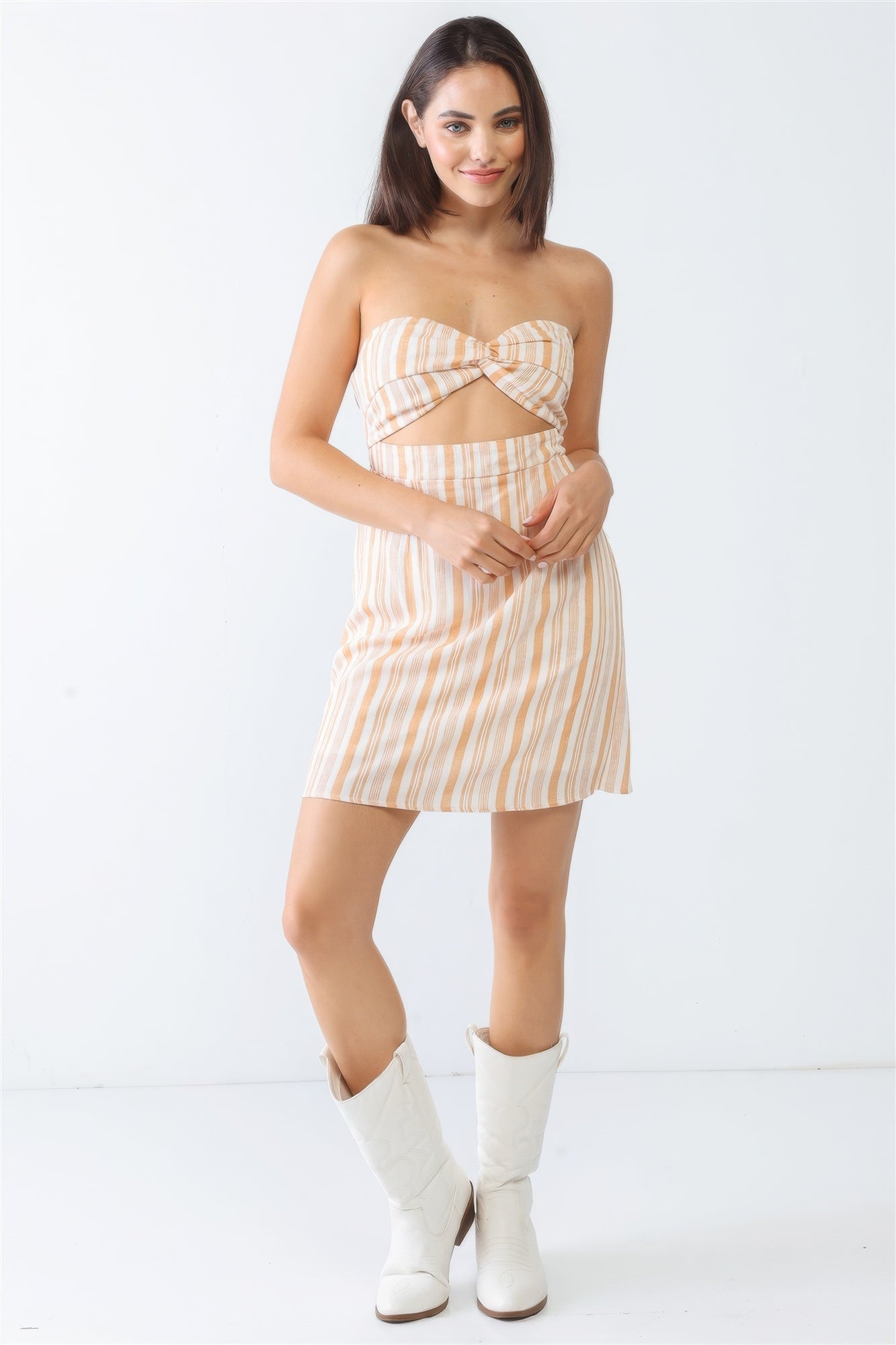 White & Apricot Stripe Print Strapless Twist Cut-out Smocked Back Mini Dress