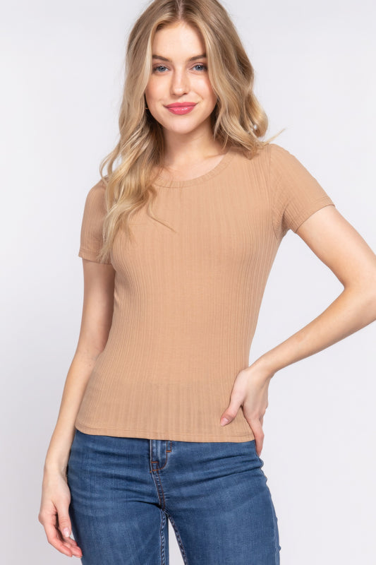 Short Slv Crew Neck Variegated Rib Knit Top