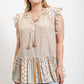 Woven Prints Mixed And Sleeveless Flutter Top With Tassel Tie